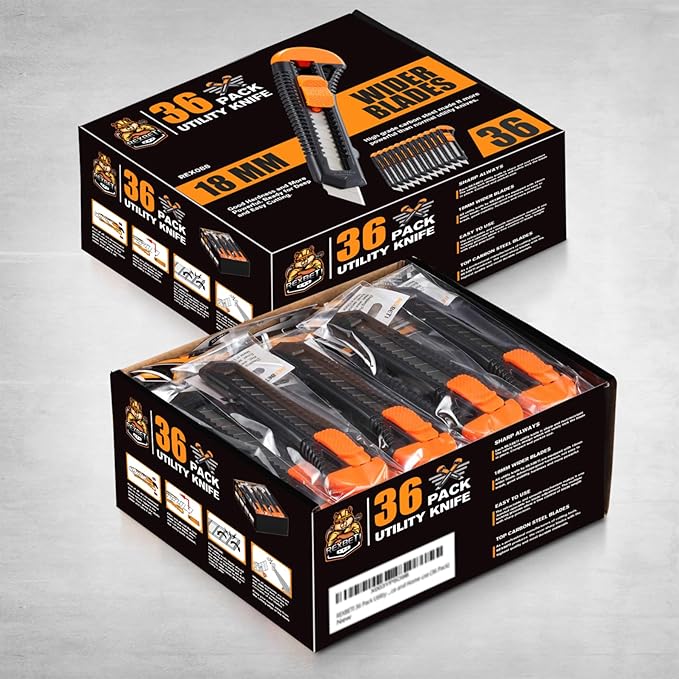 REXBETI 36 Pack Utility Knife, Retractable Box Cutter for Cartons, Cardboard and Boxes, 18mm Wider Razor Sharp Blade, Smooth Mechanism, Perfect for Office and Home use (36 Pack)
