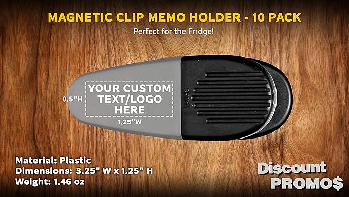 10 Magnetic Memo Holders Set - Customizable Text, Logo - Large Clip, Plastic - Silver Black