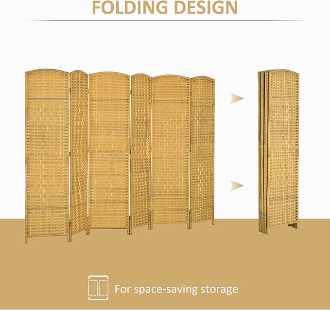 HOMCOM 6 Panel Room Divider, 6' Tall Folding Privacy Screen, Hand-Woven Freestanding Wall Partition for Home Office, Bedroom, Nature Wood