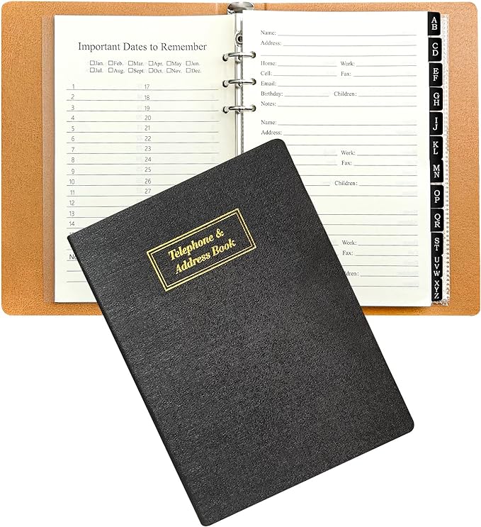 Refillable Address Book with Alphabetical Tabs, w/Pockets, 648 Large Print Telephone Birthday Email PU Leather Hardcover Durable for Women Men Seniors Home Office, 236Pages, A5, Black