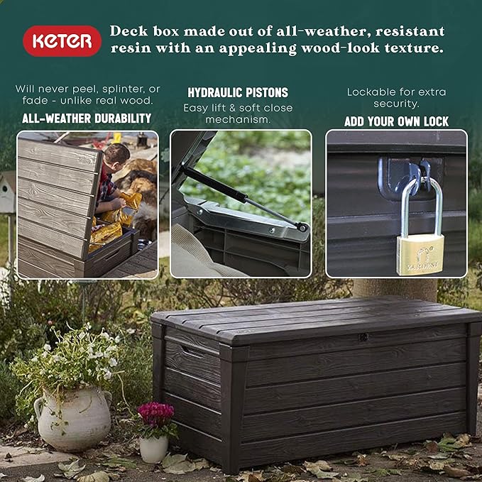 Keter Outdoor Storage Deck Box, for Patio, Backyard & Garden, Brightwood, 120 Gal, Brown - Lockable, Organizing, and Waterproof Plastic Container Bench