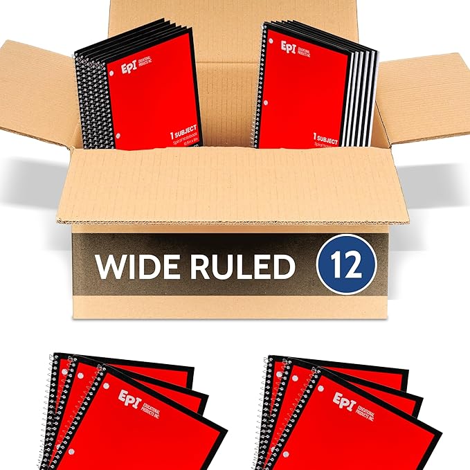 EPI Spiral Notebook | Wide - 70 Sheets, Durable Spiral Binding | 10.5 x 8 in | Classroom Supplies | School, Office, Note Taking, Journaling - 12 Pack
