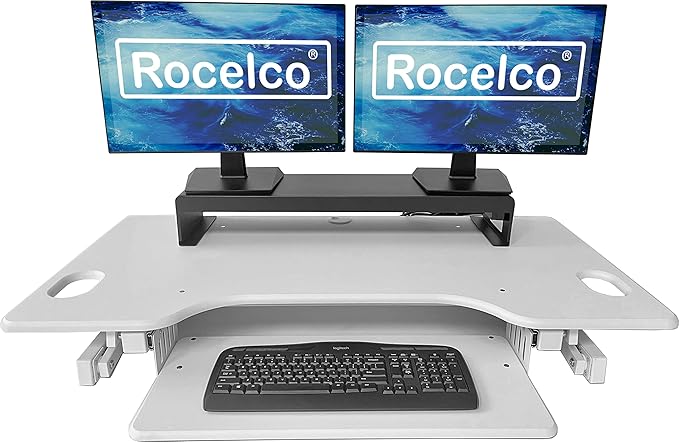Rocelco 46" Large Height Adjustable Standing Desk Converter with Double Monitor Mount Stand BUNDLE - Quick Sit Stand Up Computer Workstation Riser - Retractable Keyboard Tray - White (R DADRW-46-DMS)