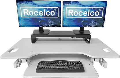 Rocelco 46" Large Height Adjustable Standing Desk Converter with Double Monitor Mount Stand BUNDLE - Quick Sit Stand Up Computer Workstation Riser - Retractable Keyboard Tray - White (R DADRW-46-DMS)