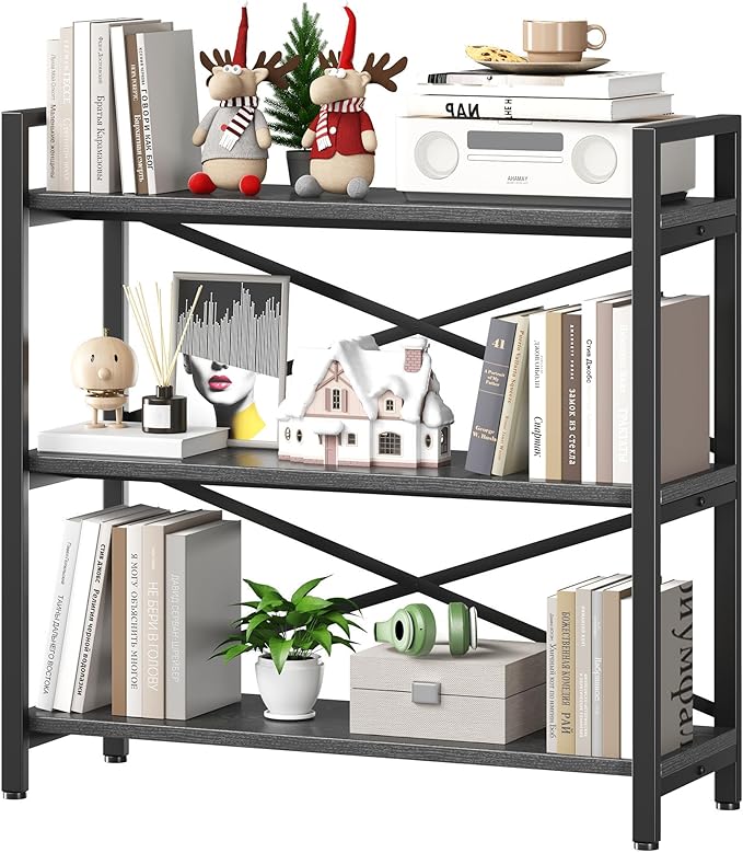 Homeiju 3 Tier Bookshelf 31.49" Width, Wood and Metal Etagere Bookcase, Vintage Farmhouse Modern Wooden Big Book Shelf for Home Living Room Bedroom Office Storage(Grey)