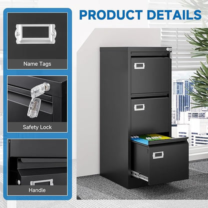 BYNSOE 3 Drawer File Cabinet with Lock Metal Vertical File Cabinet Office Home Narrow File Cabinet for A4 Legal/Letter Size,Assembly Required (Black, 3 Drawers-Vertical)