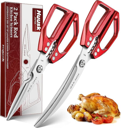 HUUSK Kitchen Scissors Set Red - Stainless Steel Kitchen Shears, Sharp Meat Scissors Dishwasher Safe, Heavy Duty Poultry Shears All Purpose, Japanese Cooking Scissor for Food,Christmas Gifts for Women