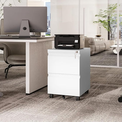 Fesbos 2 Drawers Vertical File Cabinet - Fully Assembled White Under Desk Mobile Filling Cabinet Small Lockable Home Office File Cabinets for A4/Letter/Legal Size