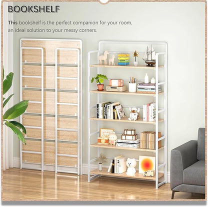 4NM No Assembly Extra Wide 5 Tiers Folding Bookshelf Storage Shelves Vintage Bookcase Standing Racks Study Organizer Home Office (Natural White)