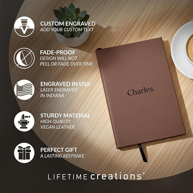 Lifetime Creations Personalized Journal Notebook (Dark Brown) - Customized Hardcover Vegan Leather Writing Notepad, Business Meeting Hard Cover Note Book Gift for Professionals