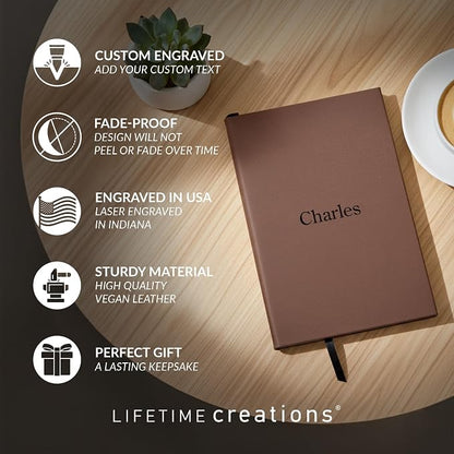 Lifetime Creations Personalized Journal Notebook (Dark Brown) - Customized Hardcover Vegan Leather Writing Notepad, Business Meeting Hard Cover Note Book Gift for Professionals