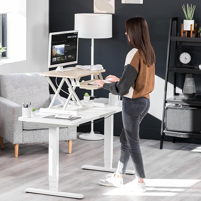 VIVO 28 inch Desk Converter, K Series, Height Adjustable Sit to Stand Riser, Dual Monitor and Laptop Workstation with Keyboard Tray, Light Wood Top, White Frame, DESK-V028KF