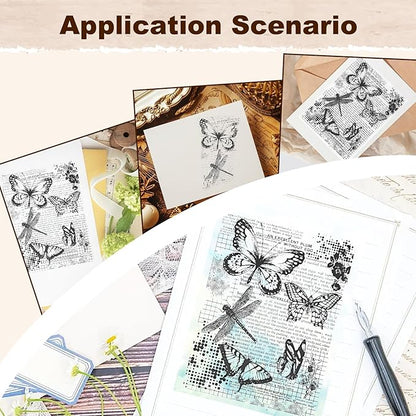 UCEC Retro Butterfly Vintage Stamps for Crafting, Clear Stamps for Card Making, Silicone Clear Travel Stamp for Journals DIY Scrapbooking Journal Home Decoration, 7.87x5.91inch, 1 Sheet