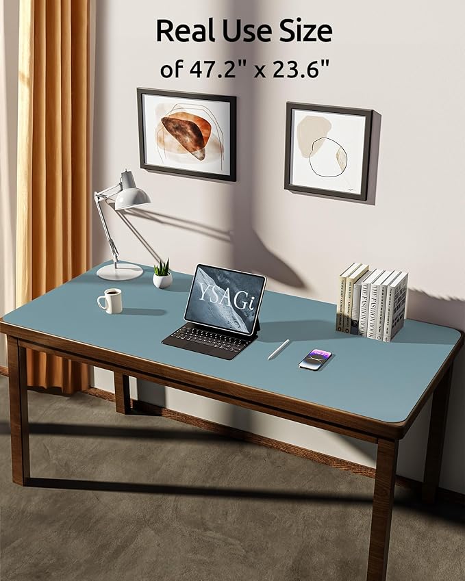 YSAGi Leather Desk Protector, Office Mat, Large Mouse Mat, Non-Slip PU Leather Blotter, Laptop Pad, Waterproof Writing Pad for Office and Home (Ice Blue, 47.2" x 23.6")
