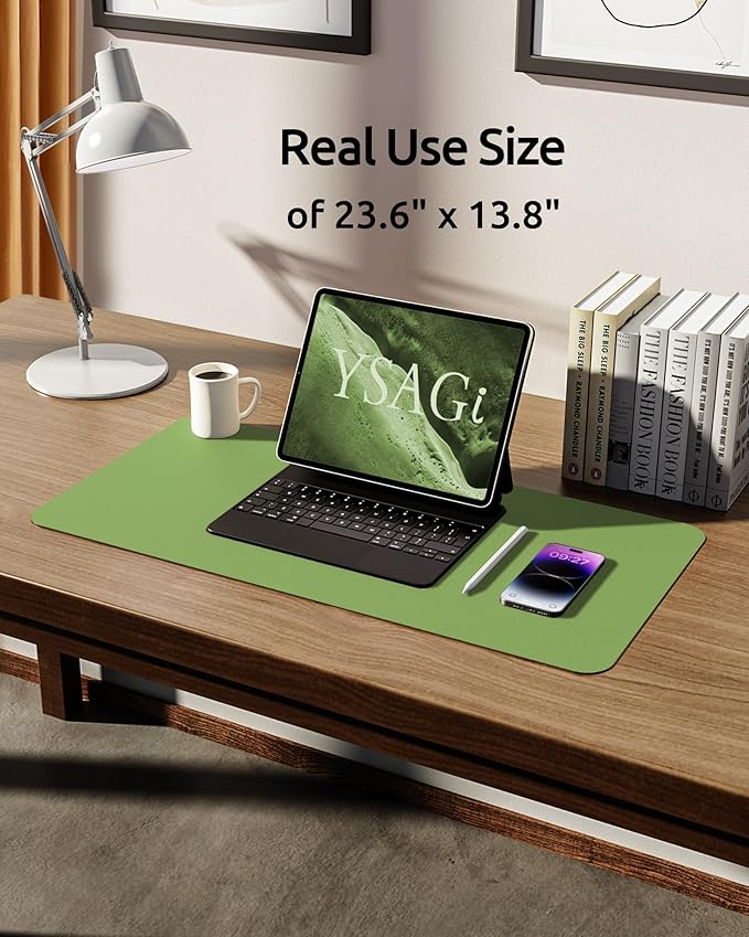 YSAGi Leather Desk Protector, Office Mat, Large Mouse Mat, Non-Slip PU Leather Blotter, Laptop Pad, Waterproof Writing Pad for Office and Home (Leaf Green, 23.6" x 13.8")