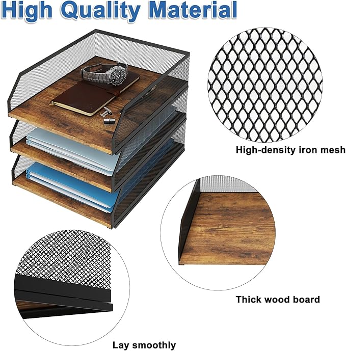 Natwind 3-Tier Stackable Paper Tray, Metal Mesh Desktop Organizer, Wood Board Paper Sorter, Letter Trays,File Document Storage Rack for for Home, Office, School (Retro)