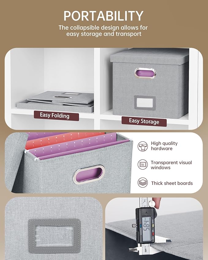 2 Pack File Storage Organizer, Filing Box, Portable File Box with Lid, Fit for Letter/Legal File Folder Storage, Document Organizer, Gray-White