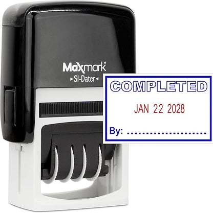 MaxMark Office Self Inking Date Stamp with Phrase Completed - 2 Color Blue/Red Ink