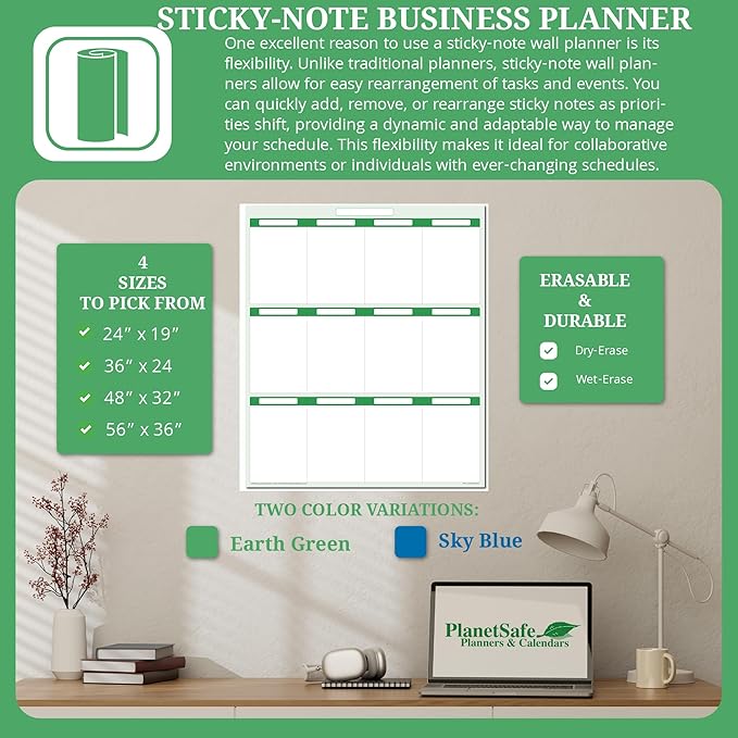 Earth Green12 Section Task, Objective and Goals Planning System Vertical 24"x 18". Wall Tray, Dry-Erase Marker, Eraser and 600 Sticky-Notes
