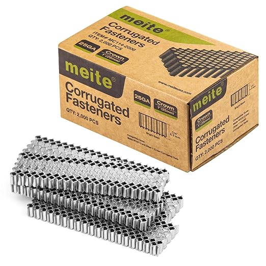meite Corrugated Fasteners MC114 25 Gauge 1-Inch Crown 1/4-Inch Length Staples Corrugated W Fasteners for Pneumatic Corrugated Tools, for Woodworking Projects (2,000 Counts/Box)
