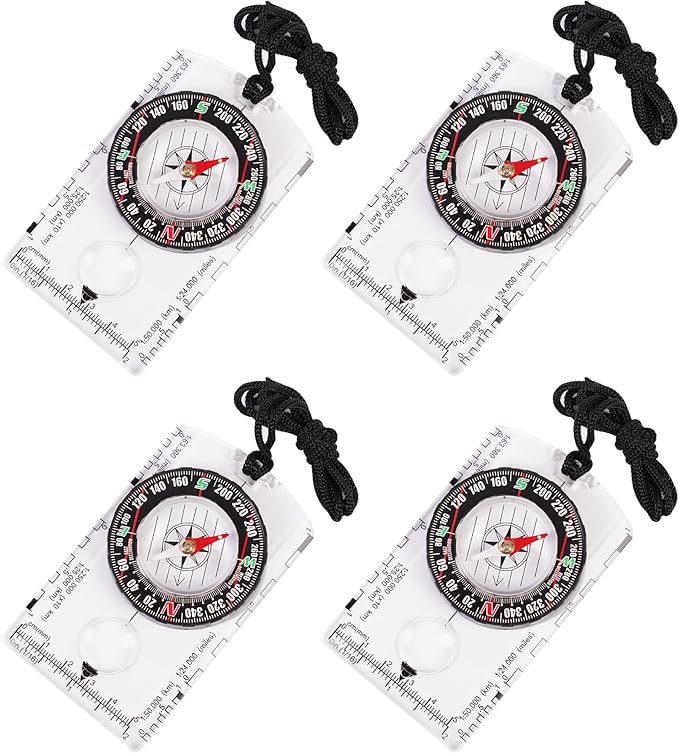 4 Pcs Outdoor Compass with Adjustable Declination,Magnifier,Ruler,Scale. Multifunctional Orienteering Waterproof Compass for Map Reading, Navigation, Hiking