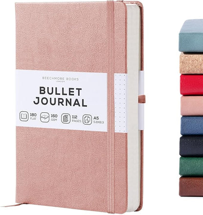 BEECHMORE BOOKS A5 Dotted Journal – 160gsm Thick Paper No-Bleed Bullet Notebook – Hardcover Dot Grid Logbook with Presentation Gift Box – Vegan Leather Sketchbook for Artists & Professionals
