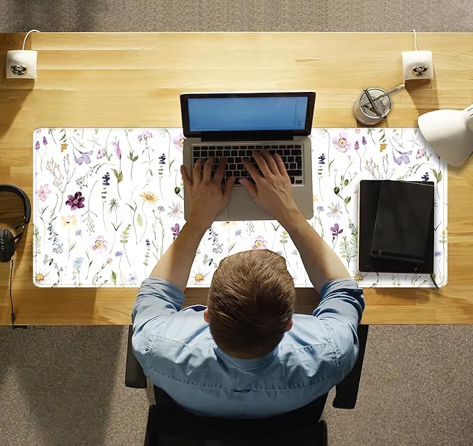 White Floral Desk Mat Cute Flowers Desk Pad Aesthetic Sage Mouse Pad XL Large Mousepad Desk Matt for Desktop, Laptop Pad Mat Keyboard and Mouse Mat for Women Office Decor Accessories 31.5x11.8 in