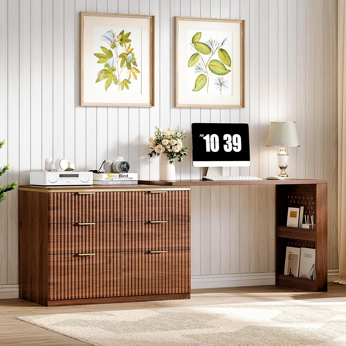 Computer Desk with 6 Drawers, 78" Modern Writing Desk with 0.98" Thickened Desktop & Storage Shelves, Adjustable direction & Extendable Executive Office Desk Study Table for Home Office, Walnut