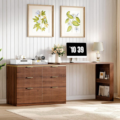 Computer Desk with 6 Drawers, 78" Modern Writing Desk with 0.98" Thickened Desktop & Storage Shelves, Adjustable direction & Extendable Executive Office Desk Study Table for Home Office, Walnut