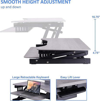 Rocelco 32" Height Adjustable Standing Desk Converter - Quick Sit Stand Up Dual Monitor Riser - Gas Spring Assist Tabletop Computer Workstation - Large Retractable Keyboard Tray - Grey (R ADRG)