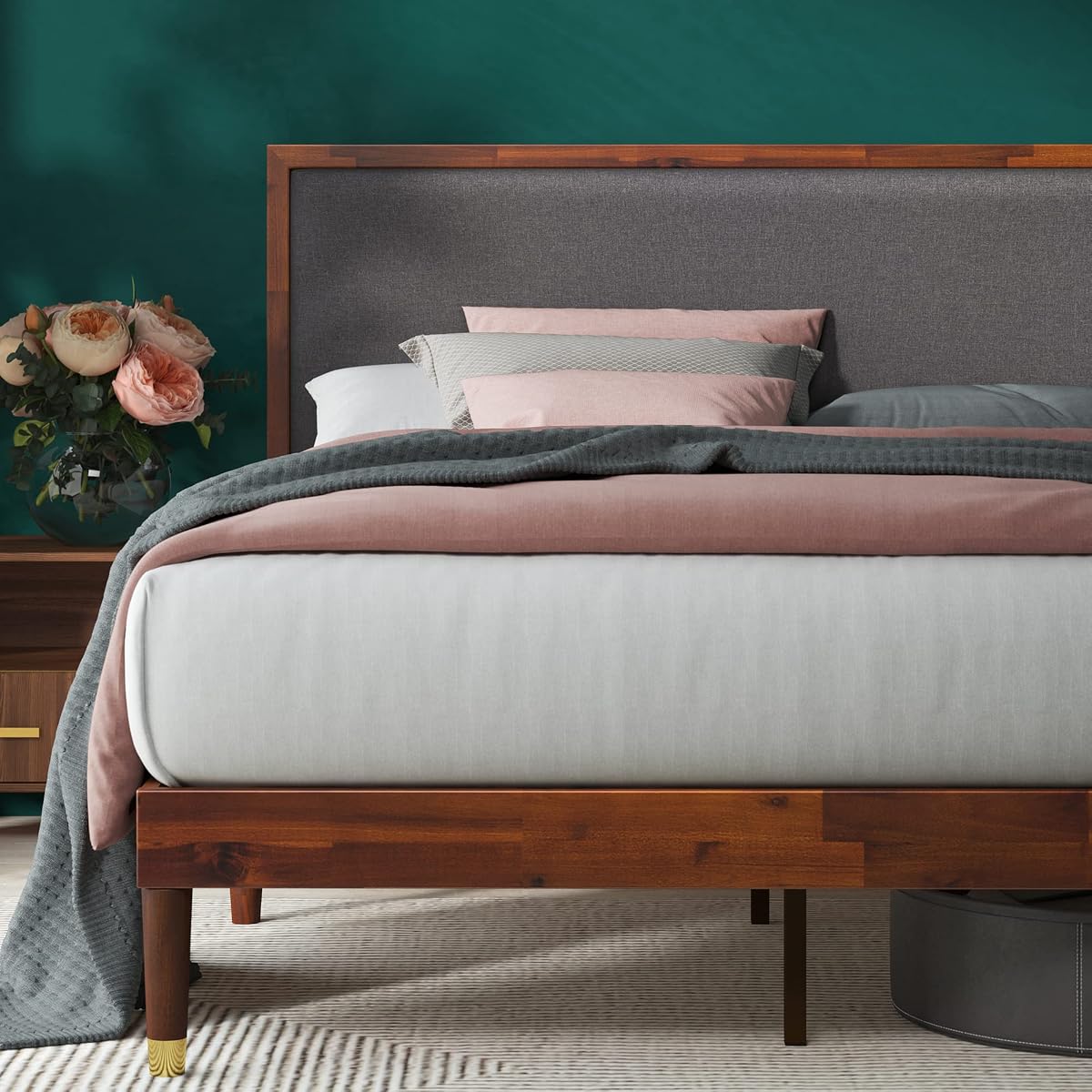 Raymond Wood Platform Bed Frame with Adjustable Upholstered Headboard, Solid Wood Foundation, Wood Slat Support, No Box Spring Needed, Easy Assembly, Queen