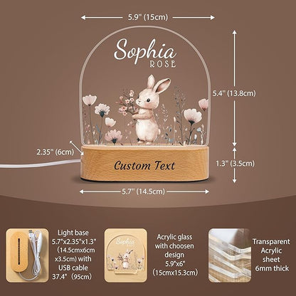 7GEEFT Personalized Baby Gifts for Kids, Custom Animal Acrylic Plaque Sign Name Night Light, Birthday Newborn Baby Shower Gifts for Boys Girls, Children Nursery Room Bedroom Decor, Flower and Rabbit