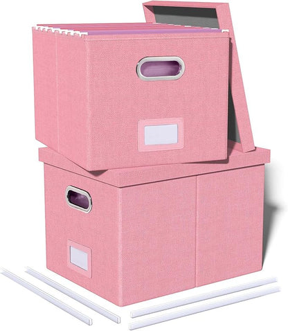 2 Pack File Storage Organizer, Filing Box, Portable File Box with Lid, Fit for Letter/Legal File Folder Storage, document organizer, New-pink