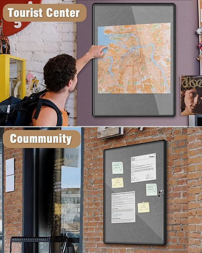 Mifuro 38"x28" Enclosed Bulletin Board, Lockable Weather-Resistant Aluminum Cork Noticeboard for Hospital School & Office, Black Frame w/Grey Flet