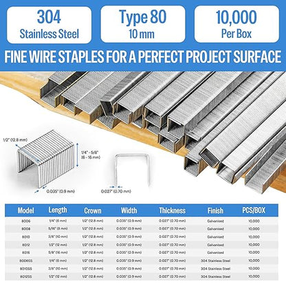 meite 21 Gauge 1/2-inch Crown Upholstery Staples, 304 Stainless Steel with 3/8-inch Leg Length, Heavy Duty Staples for Staple Gun MT8016 (10 Boxes)