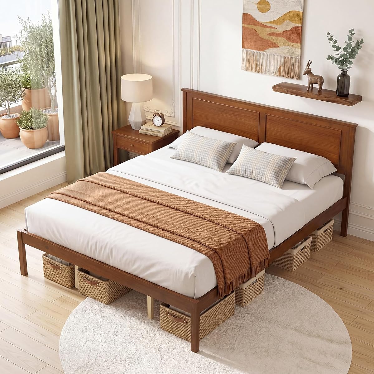 Queen Size Bed Frame, Farmhouse Wooden Platform Bed with Headboard