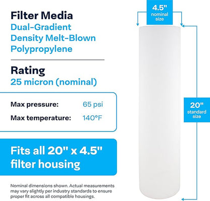 SpiroPure SP-DD-7525-20BB 20x4.5 BB 25 Micron Spun Melt-Blown Polypropylene Water Filter Cartridge DGD-7525-20 155356-43 (Case of 6)