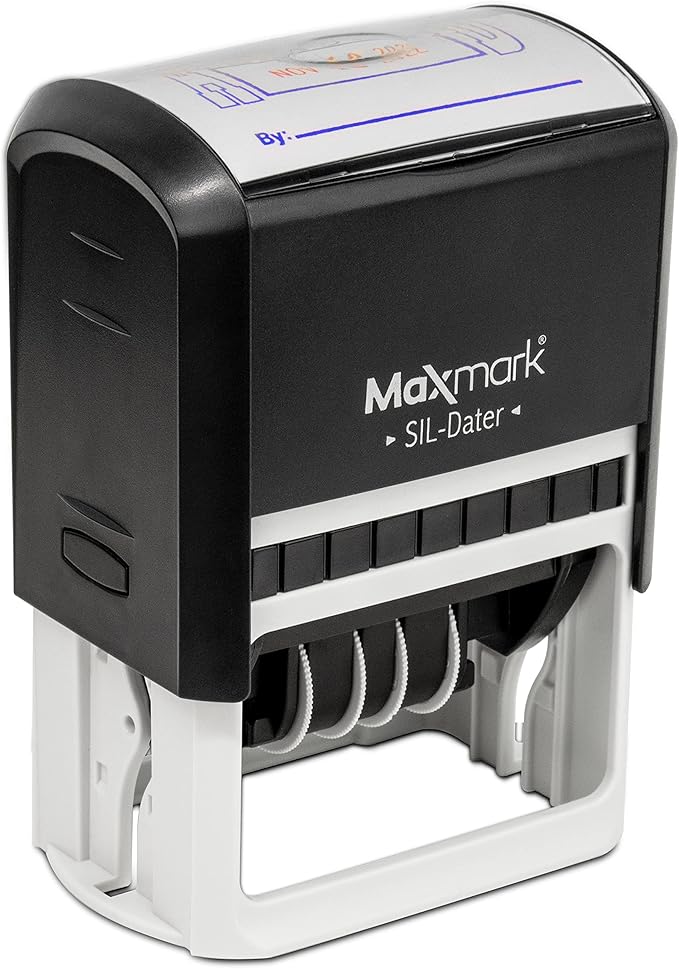 MaxMark Large Self-Inking Rubber Date Office Stamp with Deposited Phrase & Date - Blue/Red Ink, 12-Year Band - Style 5