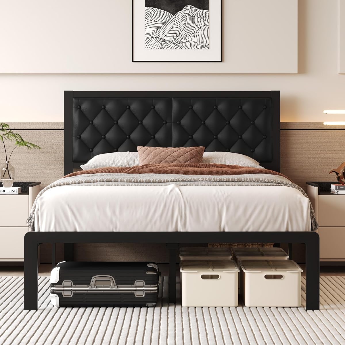 Full Bed Frame with Headboard PU Leather Upholstered Bed Frame Platform,All Metal Slats Support Platform Bed Frame with Storage Space,Easy Assembly,Noise Free,No Box Spring Needed,Black