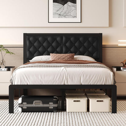 Full Bed Frame with Headboard PU Leather Upholstered Bed Frame Platform,All Metal Slats Support Platform Bed Frame with Storage Space,Easy Assembly,Noise Free,No Box Spring Needed,Black