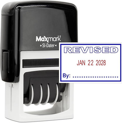 MaxMark Office Self Inking Date Stamp with Phrase Revised - 2 Color Blue/Red Ink