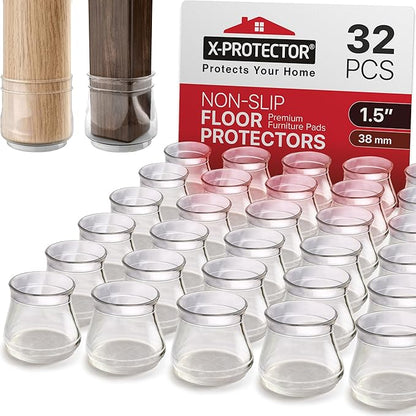 X-Protector Silicone Chair Leg Floor Protectors with Non-Slip Furniture Pads - 32 PCS 1.3" - 2" - Anti-Slip Chair Leg Covers - Non-Skid Furniture Leg Caps - Furniture Pads for Hardwood Floors!