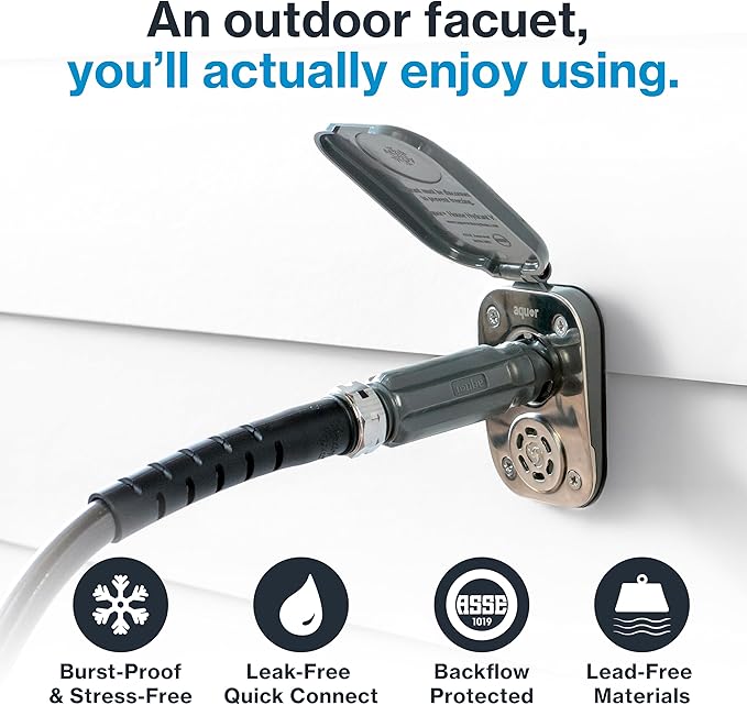 Aquor House Hydrant V2+ Frost Free Outdoor Faucet, Anti Siphon Valve with Quick Connect, Frost Proof Flush Wall Hose Bib, 6 inch Stem, 7-9/16 inch Install Depth, Slate Gray