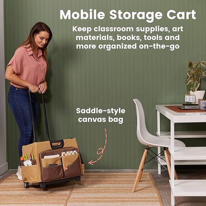 ECR4Kids Universal Rolling Cart with Canvas Organizer Bag, Mobile Storage, Chocolate/Sand