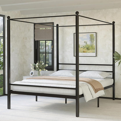Canopy Bed Frame Queen, Four Poster Metal Frame, Black