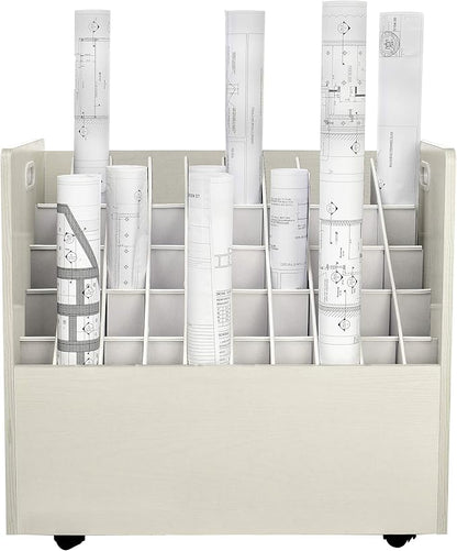 AdirOffice Adir Blue Print Storage Organizer - Mobile Roll File Cart, Construction Plan Holders, Blueprint Cabinet with Wheels, Roll Files Storage for Office and Home (50 Slots, White)
