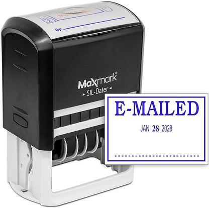 MaxMark Large Self-Inking Rubber Date Office Stamp with E-Mailed Phrase & Date - Blue Ink, 12-Year Band - Style 3
