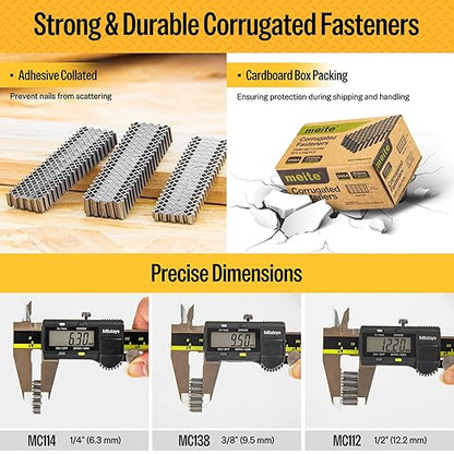 meite Corrugated Fasteners MC114 25 Gauge 1-Inch Crown 1/4-Inch Length Staples Corrugated W Fasteners for Pneumatic Corrugated Tools, for Woodworking Projects (2,000 Counts/Box)