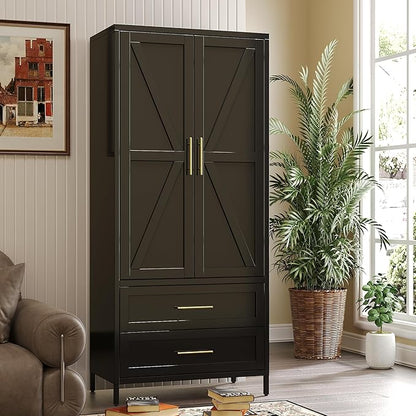 SUPEER Metal Wardrobe Cabinet with 2 Drawer and Hanging Rod, 70.9" H Metal Armoire Wardrobe Closet with Adjustable Shelf for Bedroom, Laundry Room, Home,Office,Installation Required,Black
