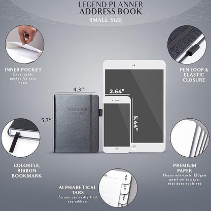 Legend Planner Address Book with Alphabetical Tabs – Mini Telephone Address Book for Phone Numbers, Addresses, Email Contacts, Passwords & Important Dates –Small Size,11x14.5cm,Hardcover (Mystic Grey)